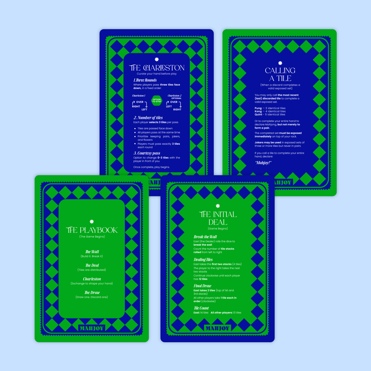 Mah Joy Rules Shufflers in Green & Blue, with the Playbook, Initial Deal, Charleston, and Calling a Tile rules