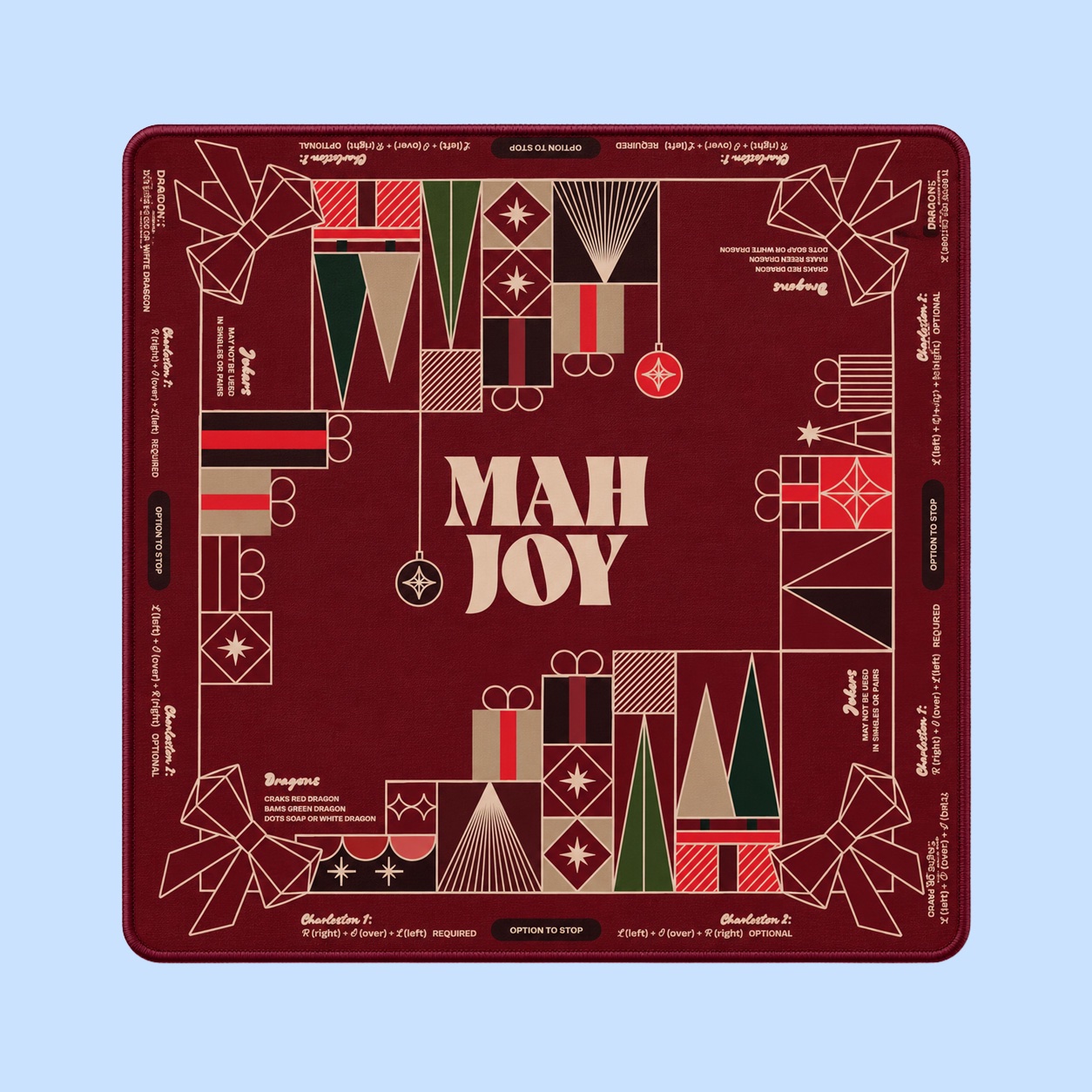 Noël Mahjong Mat with geometric Christmas trees and presents on cranberry red