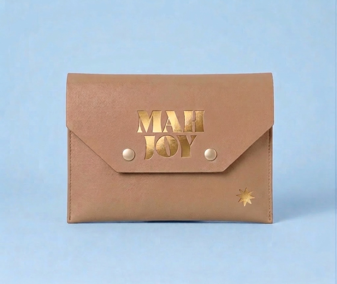 Mah Joy Card Holder in Beige with gold foil logo