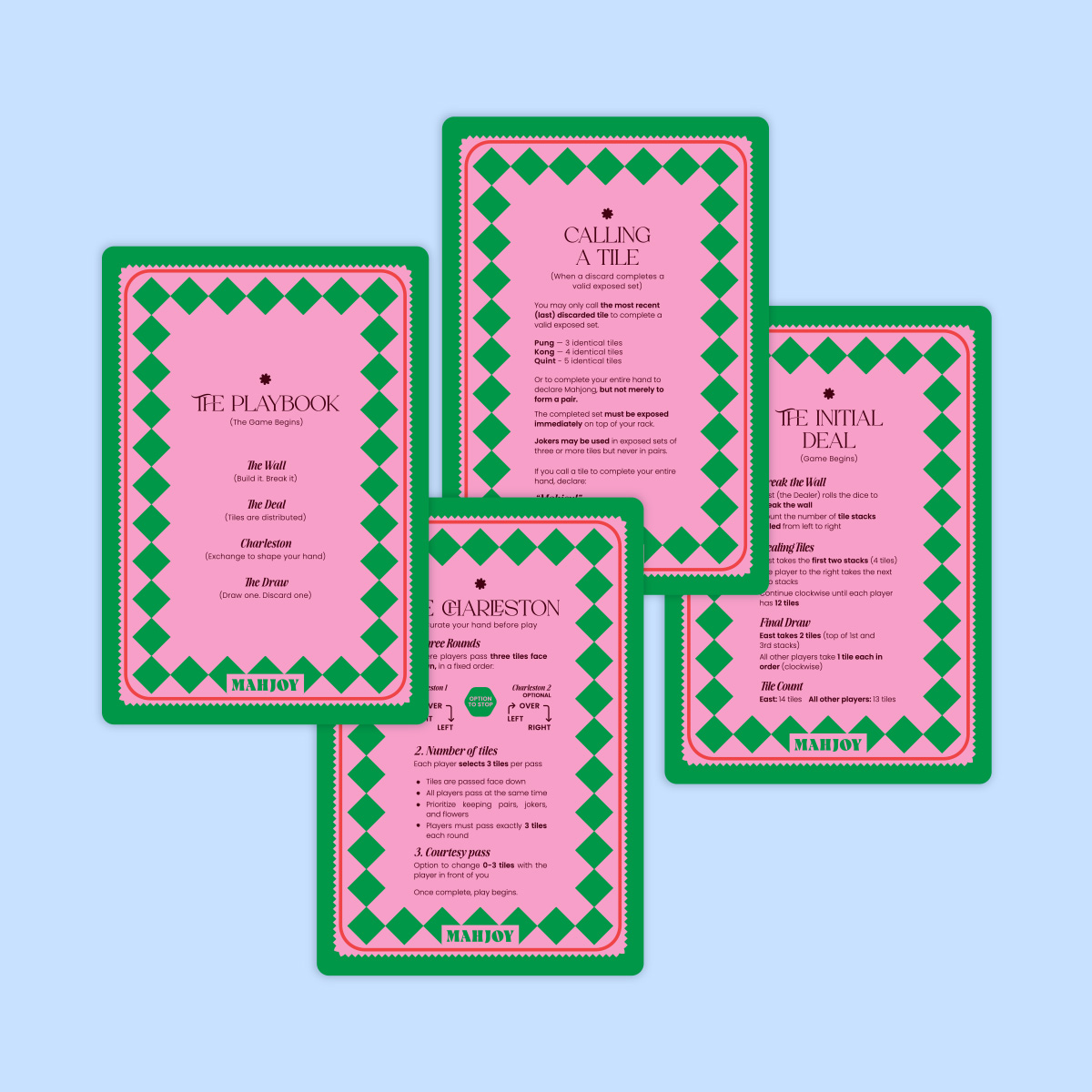 Mah Joy Rules Shufflers in Pink & Green, with the Playbook, Initial Deal, Charleston, and Calling a Tile rules