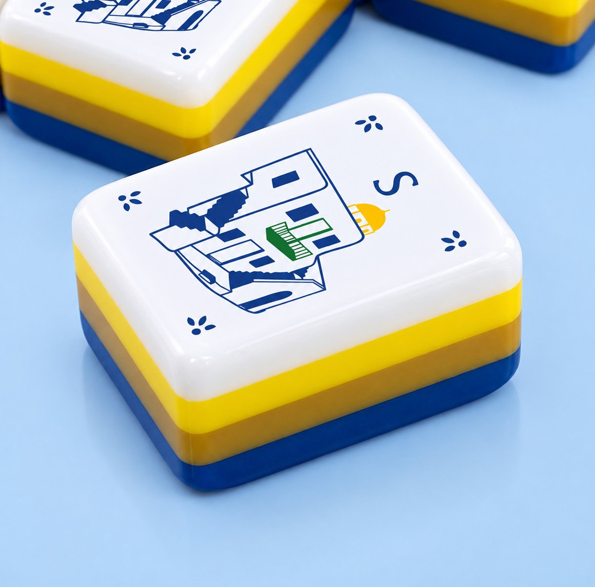 Mythos tiles layered in white, yellow, olive, and navy acrylic