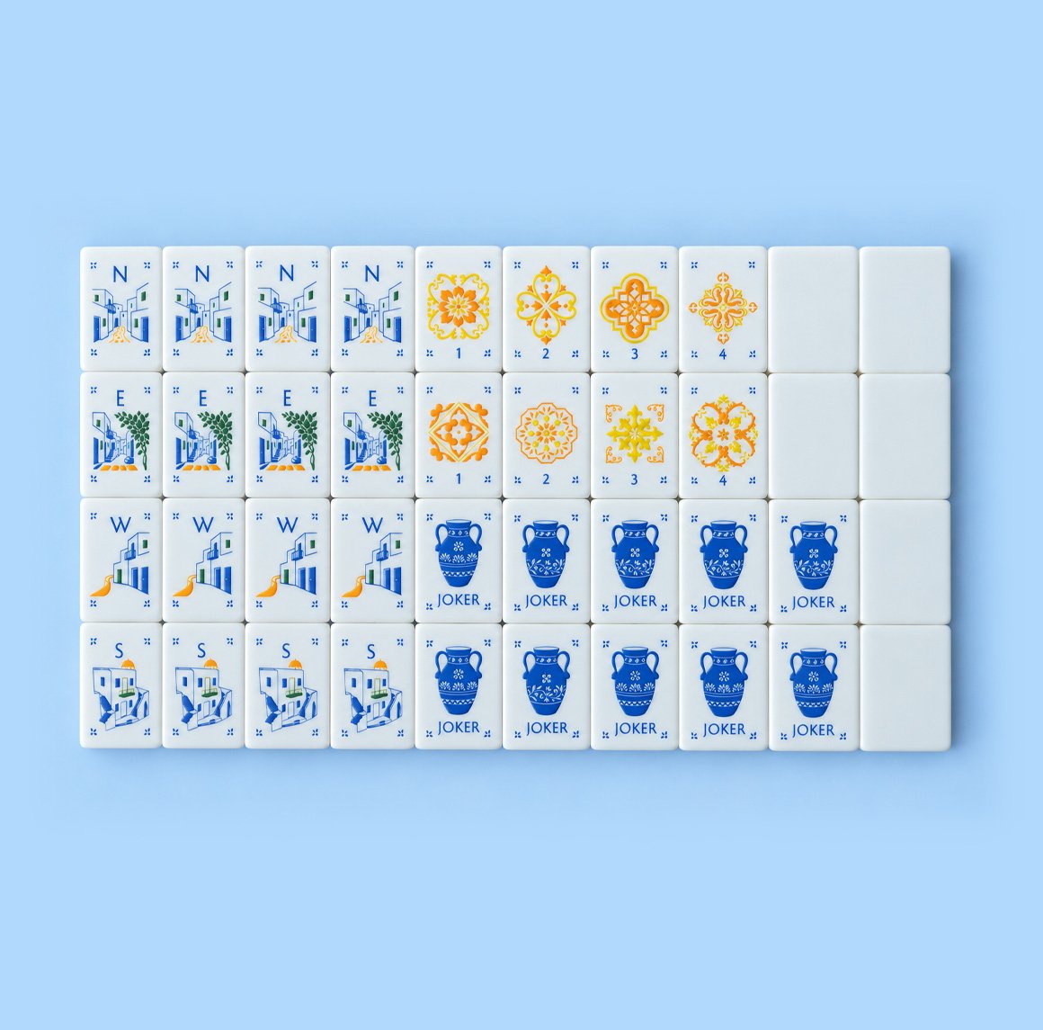 Mythos island winds, tile-pattern flowers, amphora jokers, and blanks