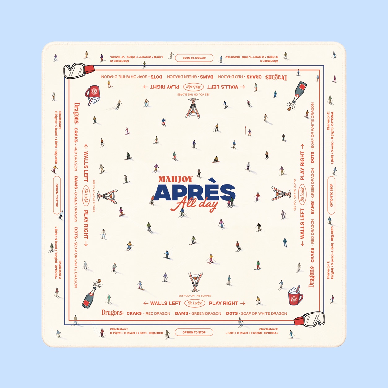 Après Ski Mahjong Mat with skiers and printed play reminders