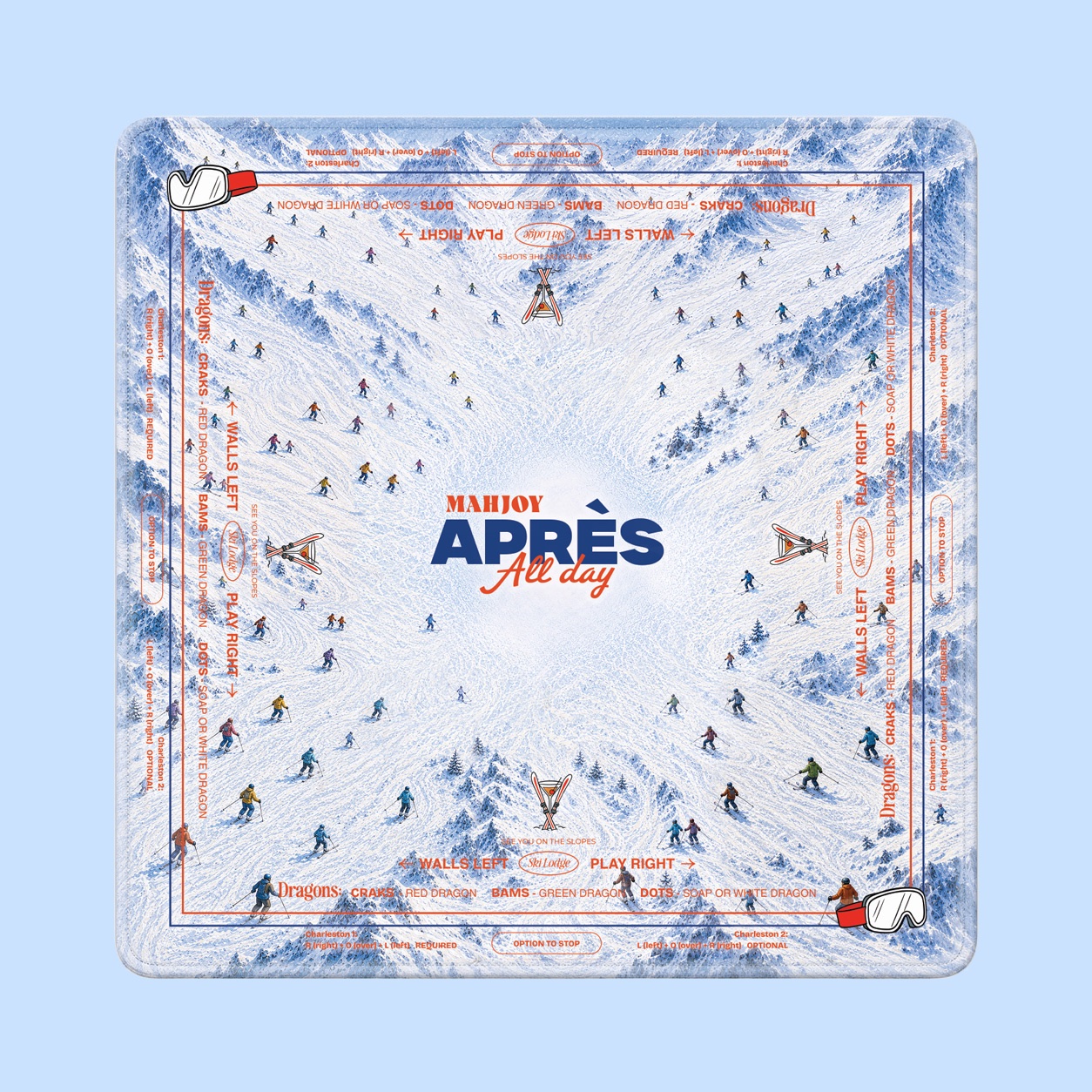 Après Snow Mahjong Mat with skiers on snowy mountains and printed play reminders