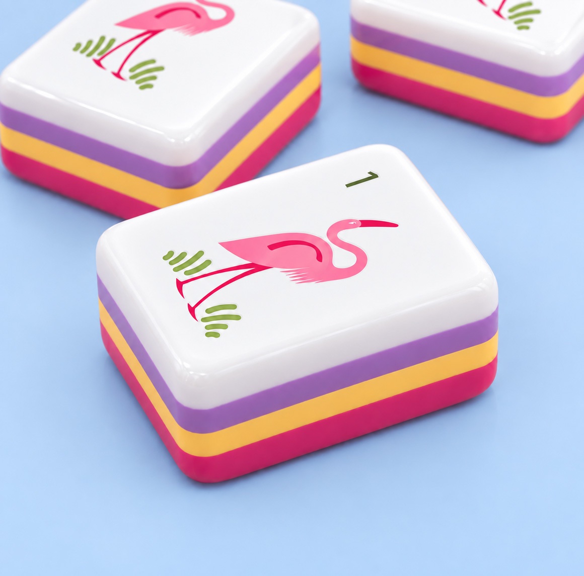 Sensu tiles with layered white, purple, yellow, and pink acrylic