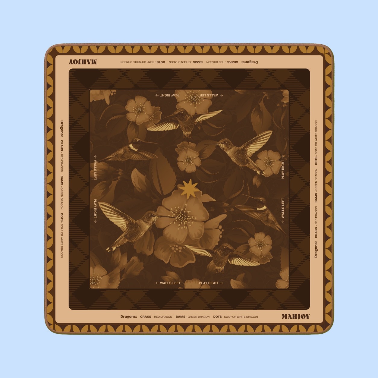 Colibri Mahjong Mat with hummingbirds and flowers in sepia tones