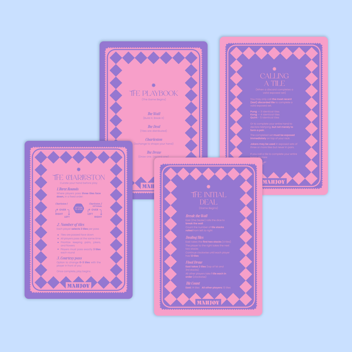 Mah Joy Rules Shufflers in Lilac & Pink, with the Playbook, Initial Deal, Charleston, and Calling a Tile rules
