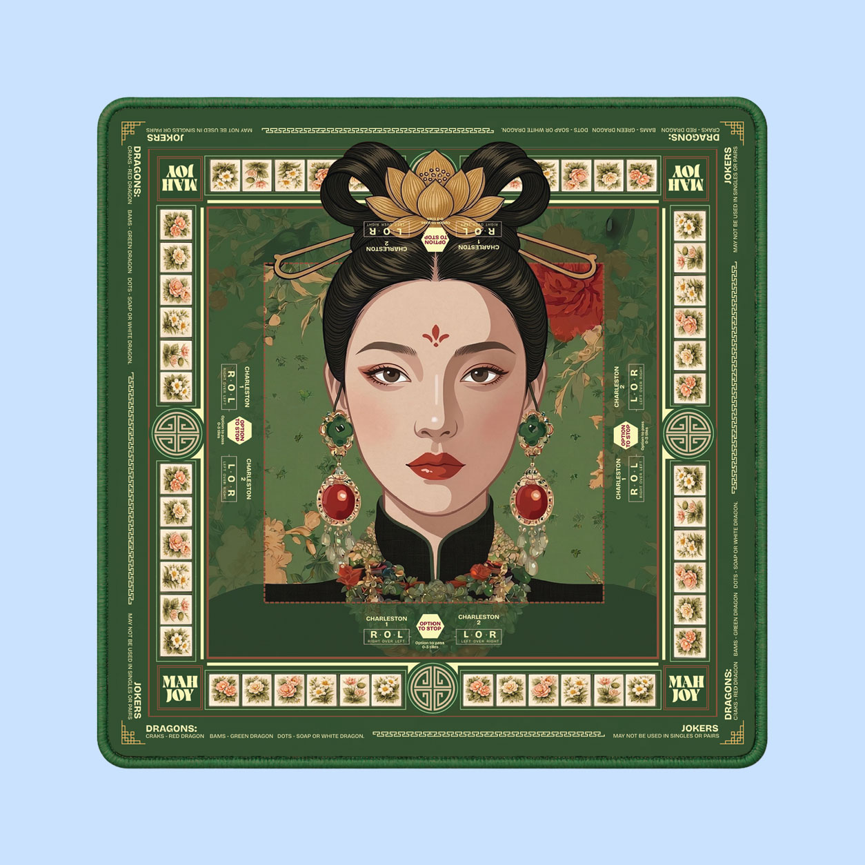 Golden Lotus Mahjong Mat with a jade green portrait design